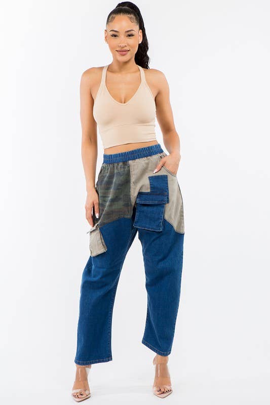 LABIJOU - Wholesale Broek - Dames - PD509 Broek - patchwork denim met geruite plaid en camo2