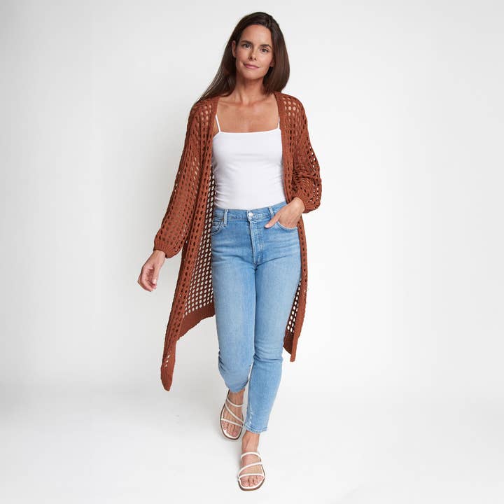 Howard's - Wholesale Cardigan - Women's - Enya Sepia Long Sleeve Open Crochet Boho Cardigan
