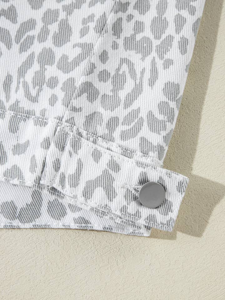White Leopard Printed Flap Pocket Denim Jacket for wholesale on Faire5