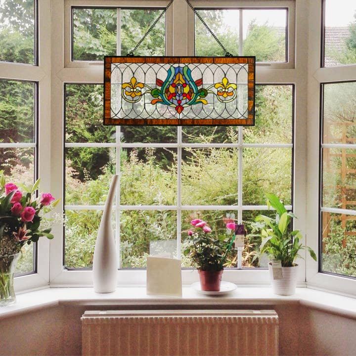 River of Goods - Wholesale Suncatcher - 30"L Fleur De Lis Victorian Stained Glass Pub Window Panel6