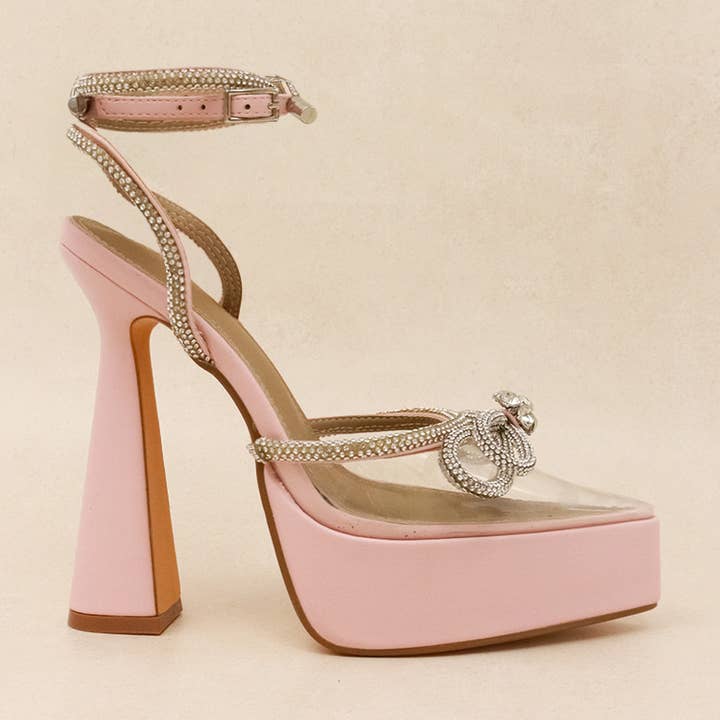 CANDY LOVE - Strappy Rhinestone Platform Heels, Bow Detail for wholesale by Lemonade Shoes