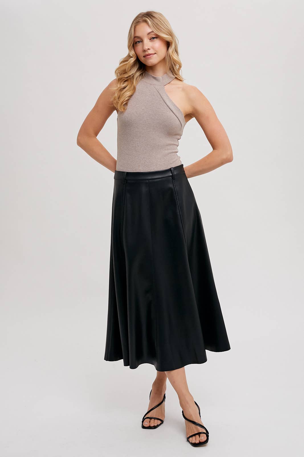 Bluivy - Wholesale Skirt - Women's - FAUX LEATHER FLARE MIDI SKIRT22