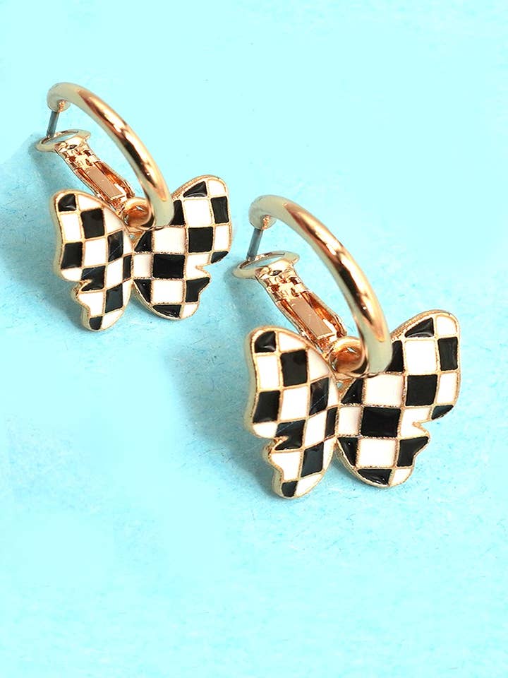 CHECKER BUTTERFLY HUGGIE HOOP DROP EARRINGS | 80E61128 for wholesale by JOSSLYN by wall to wall