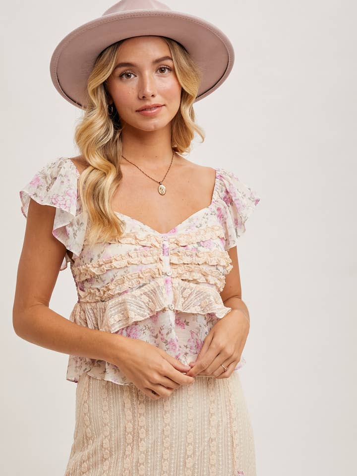 Bluivy - Wholesale Blouse - Women's - FLORAL PRINT RUFFLE LACE TRIMMED SWEETHEART NECK TOP