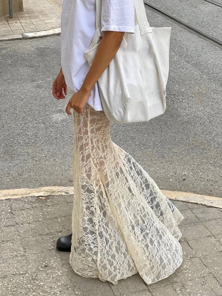 BEIGE Sheer Lace Flare Maxi Skirt for wholesale on Faire2