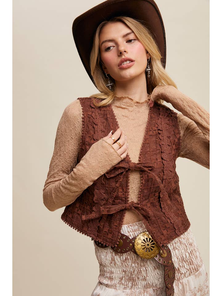 Listicle - Wholesale Outerwear Vest - Women’s - Embroidered Lace Tie-Front Vest LVT00936