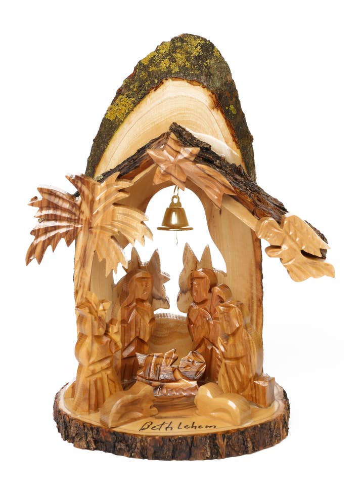Olive Wood Nartivity Scene_ Grotto with Two Donkeys for wholesale by Holyland Artisans