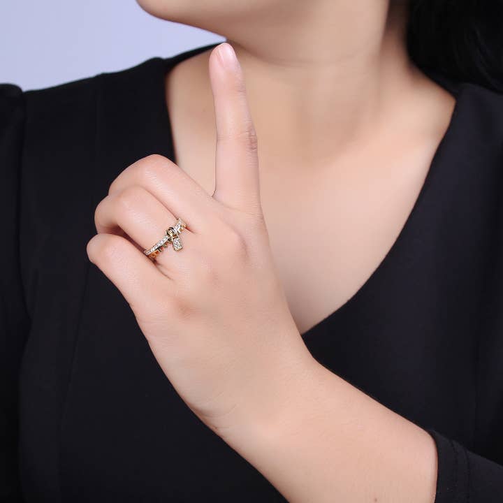 Aim Eternal - Wholesale Multi-Stone Ring - Micro Pave Gold/Silver Textured Zipper Adjustable Ring