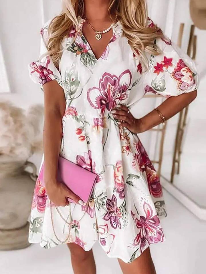 WHITE floral print v neck casual dress for wholesale on Faire