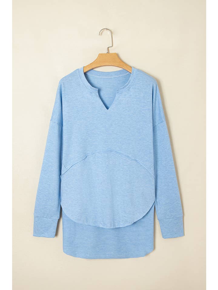 PRETTY BASH - Wholesale Tunic - Women's - Solid V-Neck Raw Hem Long Sleeve Top