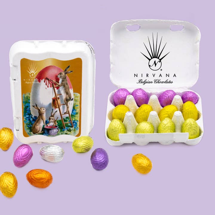 Belgium's Chocolate Source - Wholesale Chocolate Box - Nirvana 12pc Ast Foil wrapped choc eggs in Decorative carton