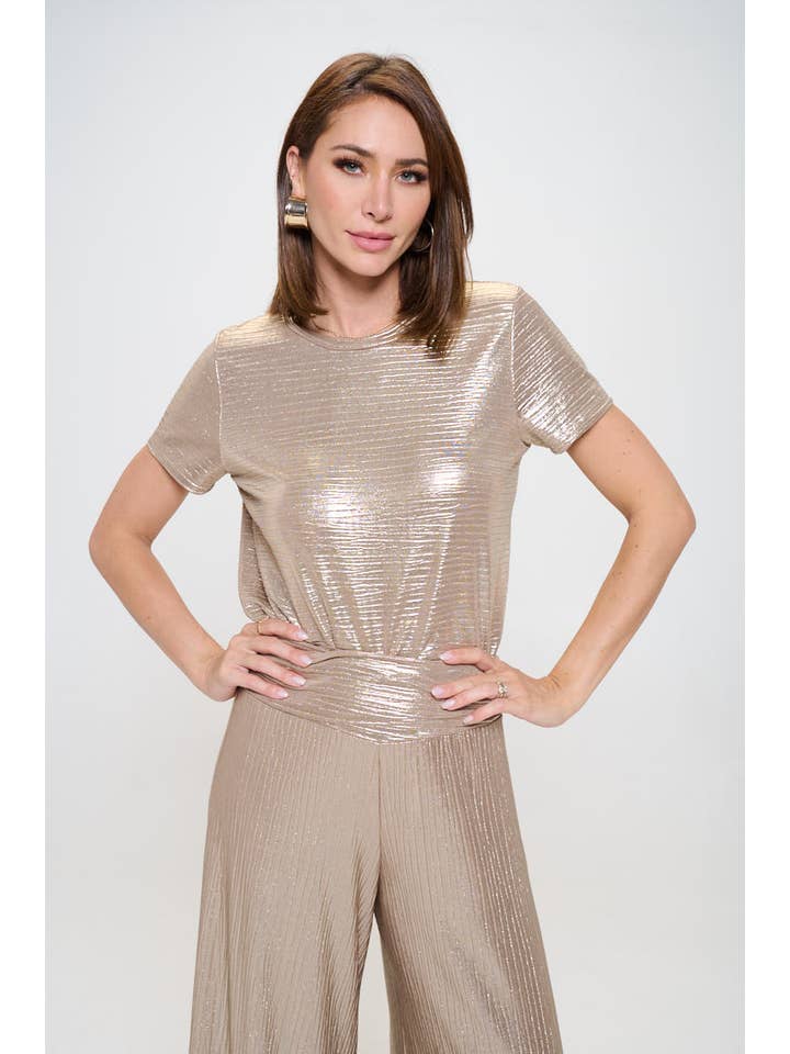 Gold Made in USA Metallic Textured Short Sleeve Top for wholesale on Faire