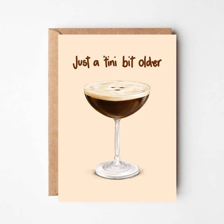 Tillykke med fødselsdagen, Tini lidt ældre Espresso Martini kaffekort for engroshandel hos Katie Tinkler illustration