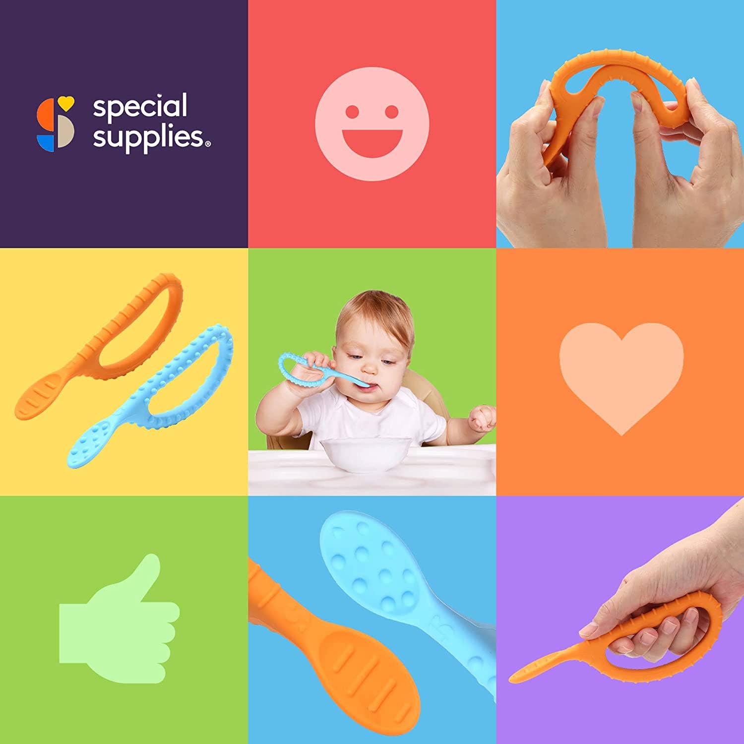 Special Supplies - Wholesale Feeding Set - Baby - Special Supplies Duo Spoon Loops Oral Motor Therapy Tools, 2 Pack, Textured Stimulation and Sensory Input Treatment for Babies, Toddlers or Kids, BPA Free Silicone with Flexible, Easy Handle-Blue & Orange8