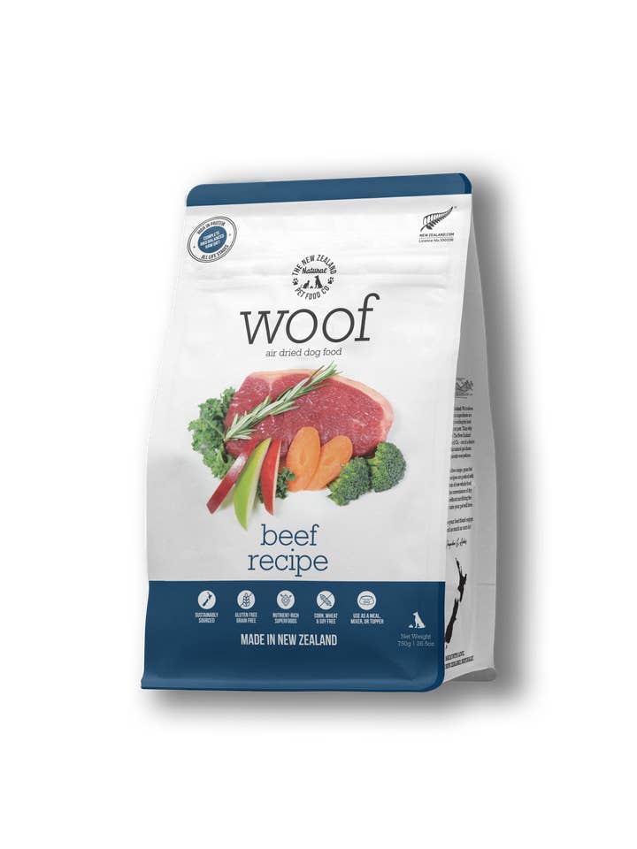 Woof Beef Air Dried Dog Food 3.5oz | 26.5oz for wholesale by The New Zealand Natural Pet Food Co