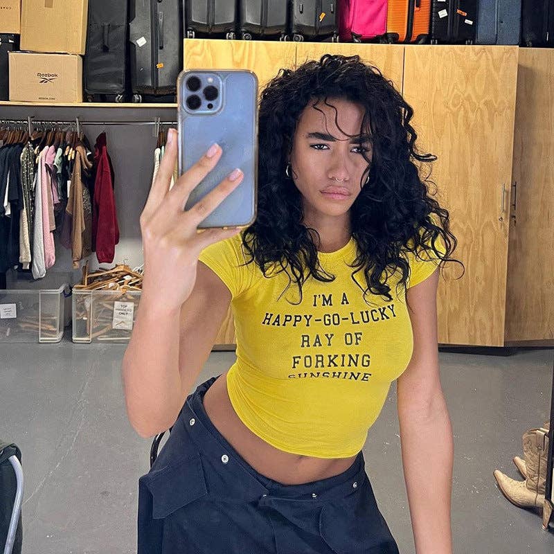 Yellow Spring Summer Women Clothing Street Hipster round Neck Pullover Short Sleeve Letter Graphic Printed T shirt for wholesale on Faire2