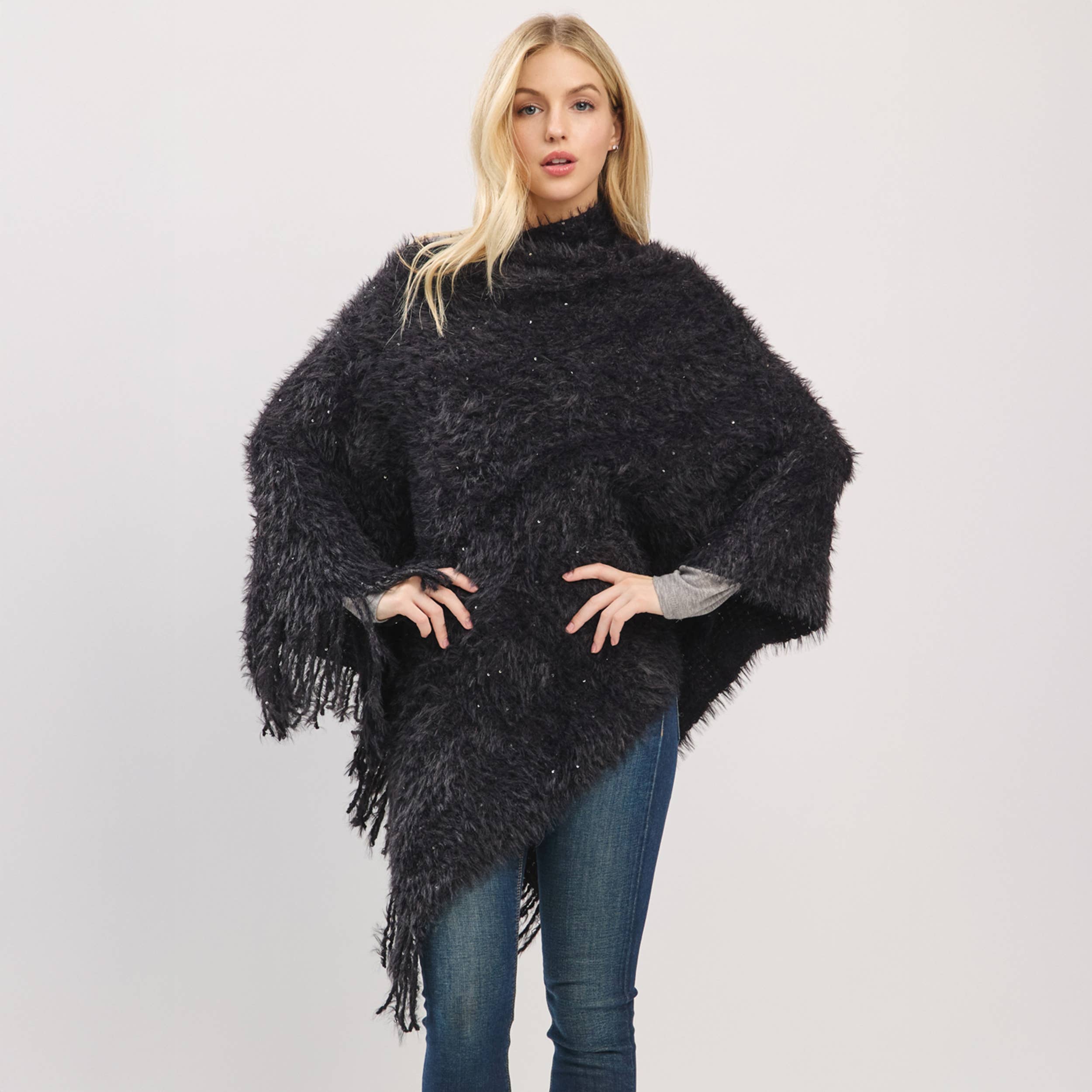 Hana – wholesale Poncho – Women's – Fuzzy Sequin with Fringe Light Weight Poncho24