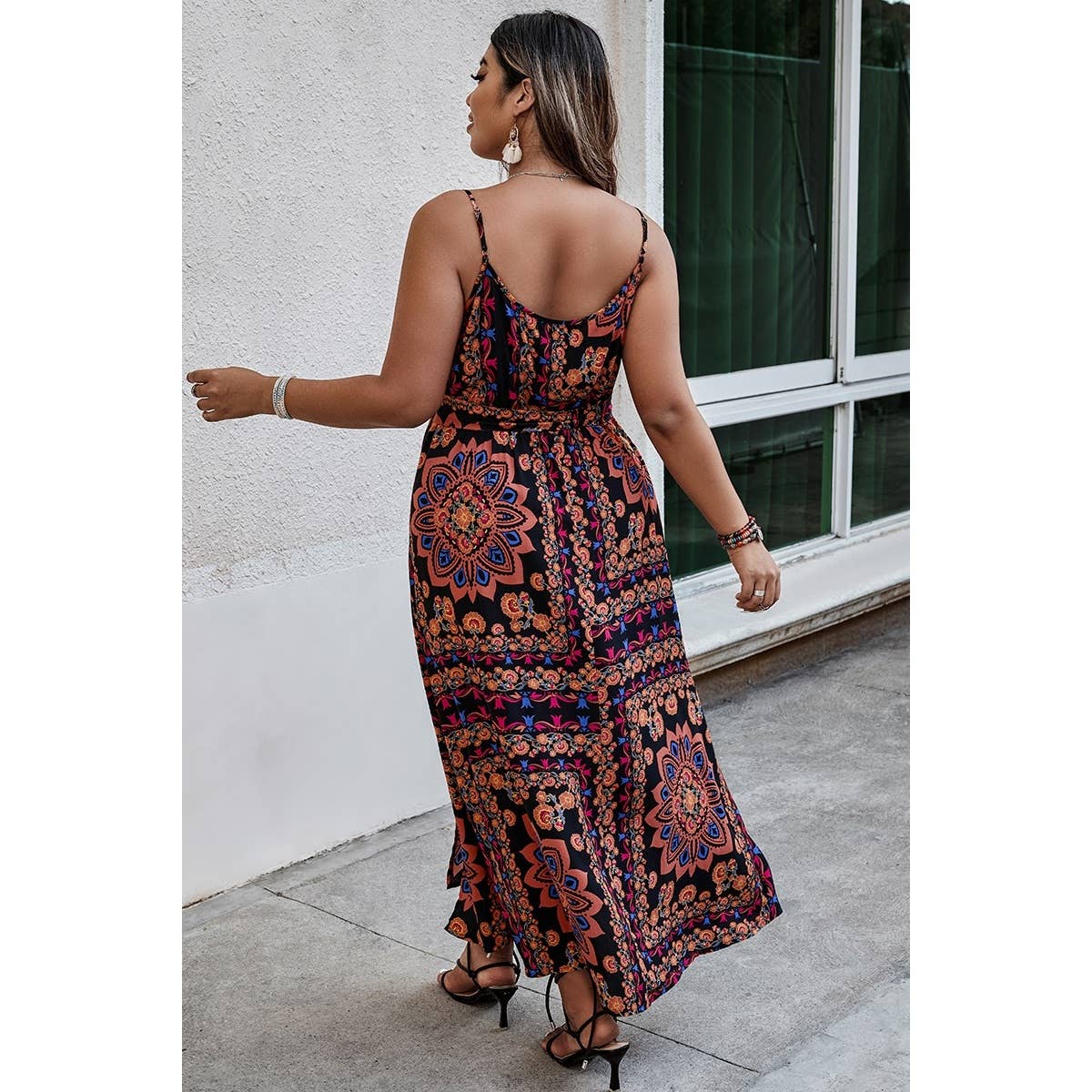 BLACK Plus Size Floral Belted Cami Boho Long Dress for wholesale on Faire4