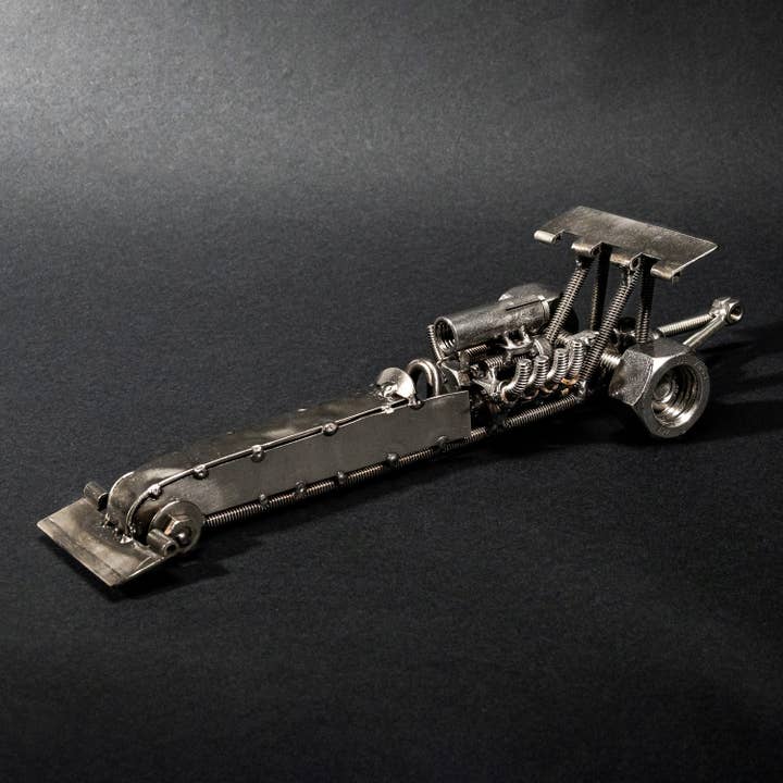 Repurposed Dragster Figurine, Top Fuel Rail Car Sculpture for wholesale by Metal Relic