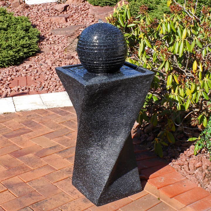 Black Ball Solar Water Fountain with Battery/Lights - 32 in for wholesale by Sunnydaze Decor