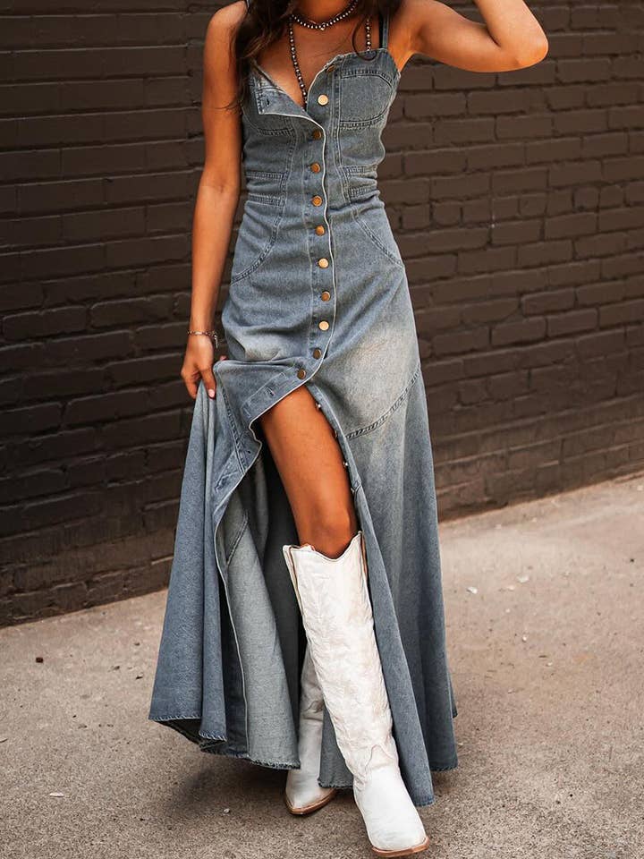 KK Bloom - Wholesale Dress - Women's - Button-Front Denim Maxi Dress