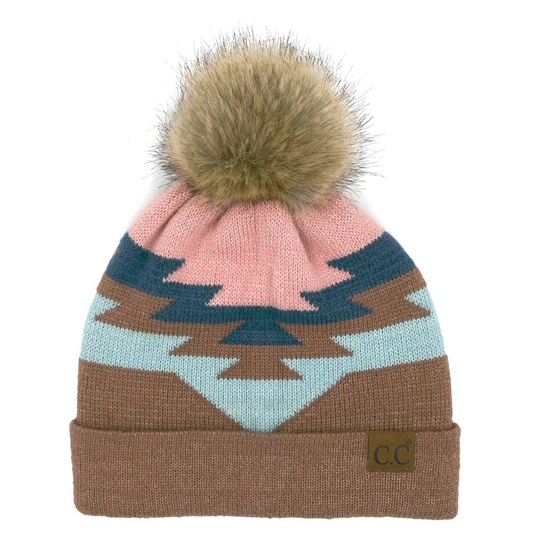 Fashion City - Wholesale Beanie - Women's - Aztec Pattern Beanie with Natural Pom-Pom3