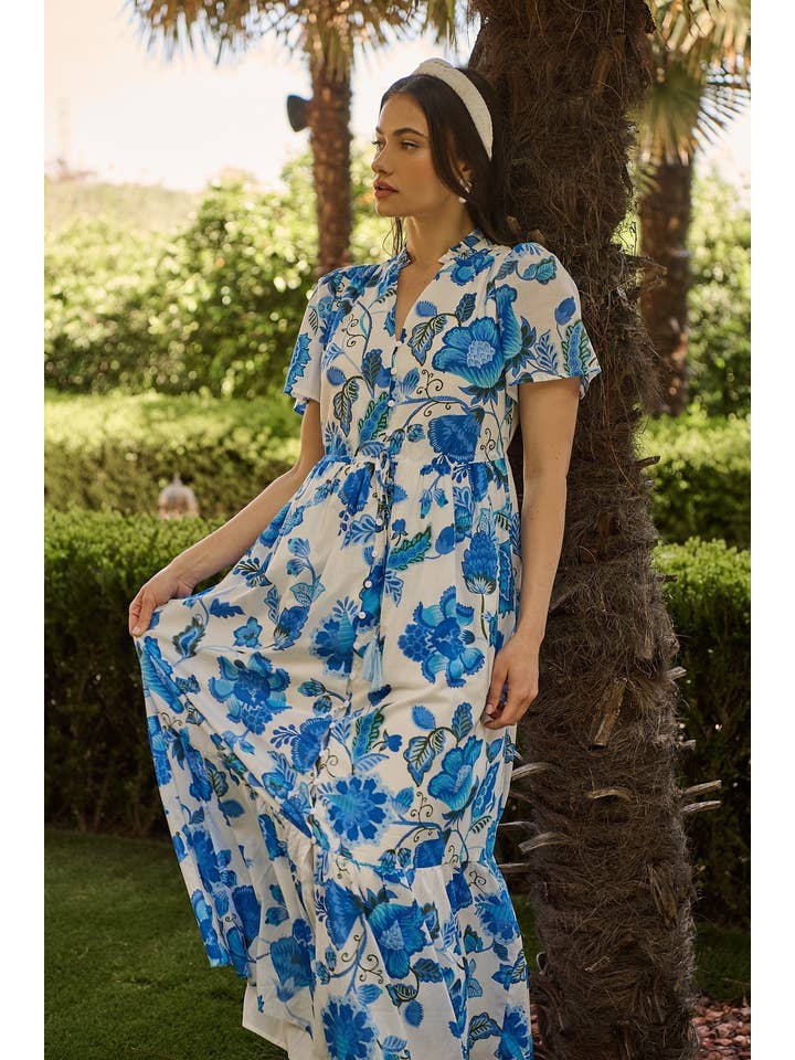 WHITE BLUE GREEN Samian Floral Kissa Button Down Maxi Dress for wholesale on Faire