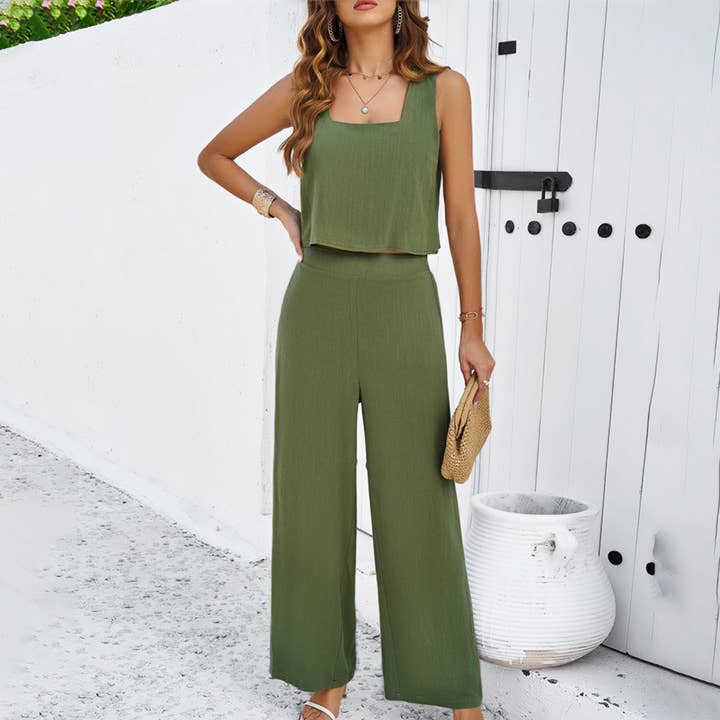 SOLID SLEEVELESS VEST AND PANTS SUIT_CWSTB0514 for wholesale by Lily Clothing