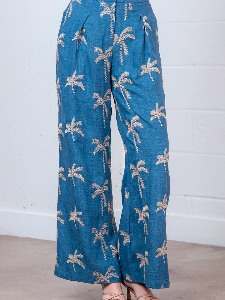 SP86317T-PANTALON LONG À JAMBES LARGES AVEC BRODERIE PALMIER (Copie) pour la vente par Taelynn