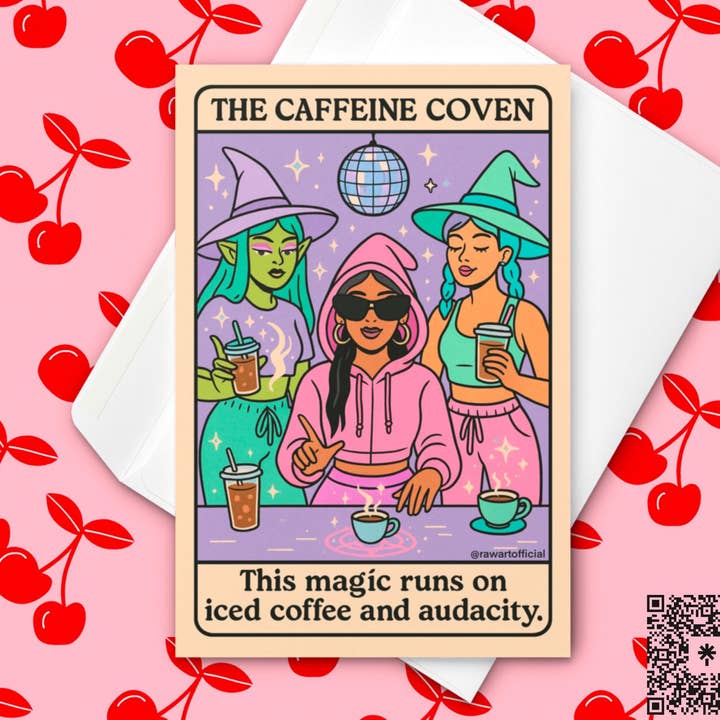 Häxig Iskaffe Halloweenkort: Koffeinkonventets Tarotkonst för wholesale av Hot Mess Paper Co.