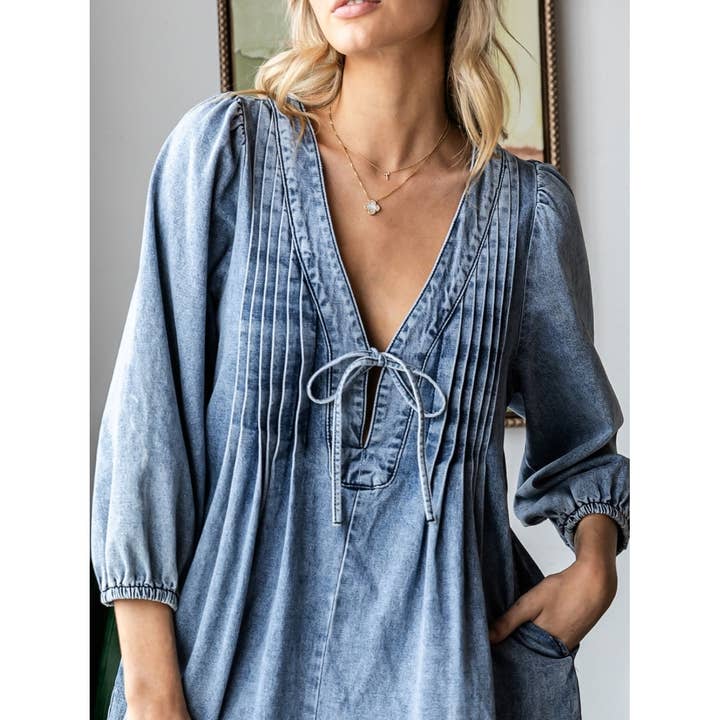 Veveret - Wholesale Romper - Women's - V-neck Puff Sleeve Denim Romper11