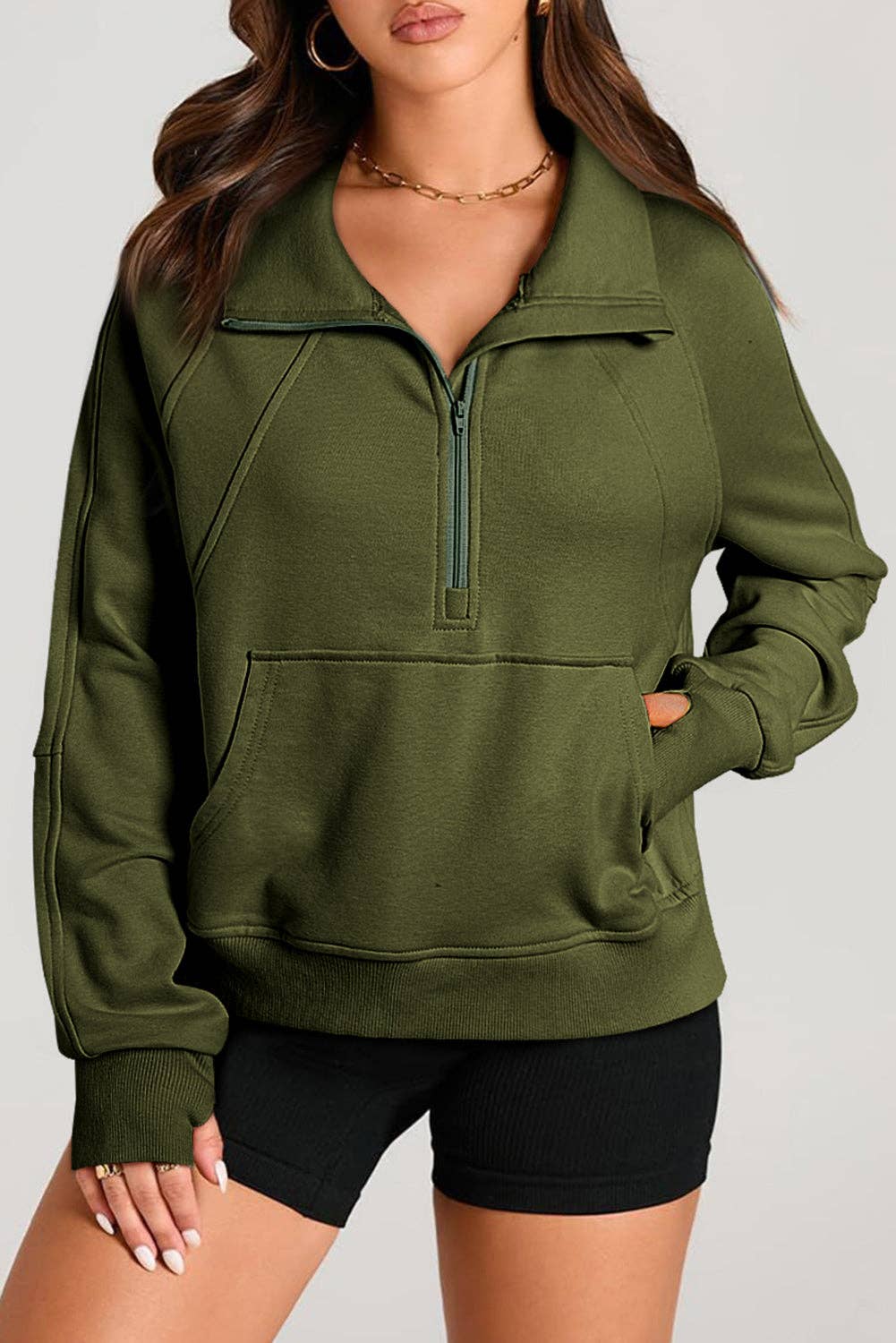 Lovesoft - Wholesale Sweatshirt - Women's - Solid Color Quarter Zip Stand Neck Kangaroo Pocket Sweatshirt17