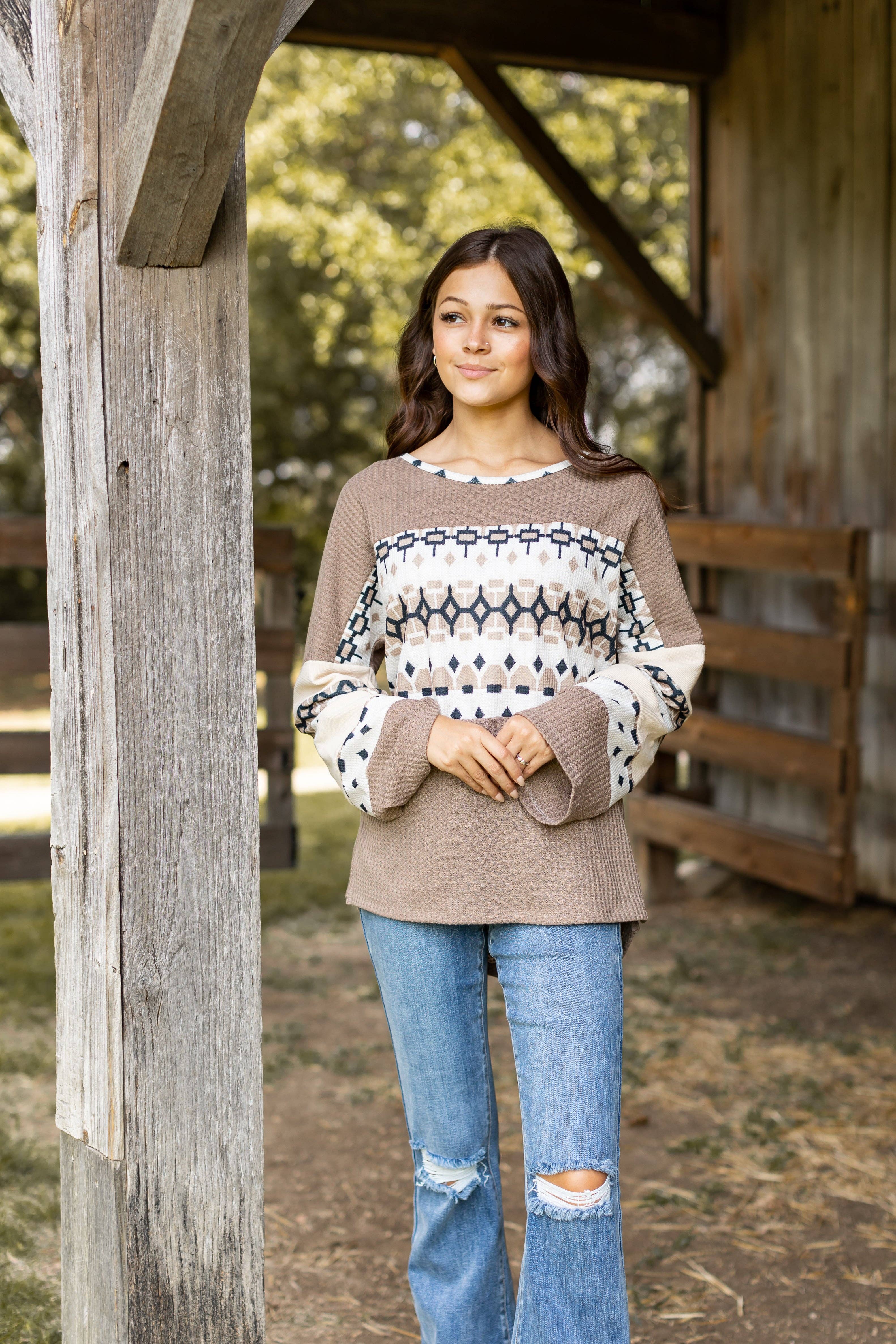 Red Tan Waffle Knit With Aztec Details for wholesale on Faire6