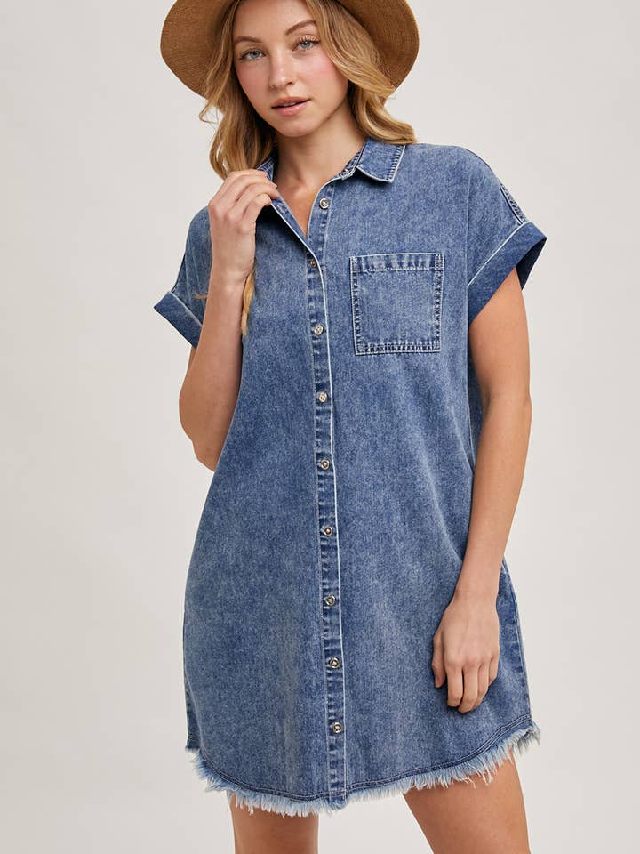 Bluivy - Wholesale Dress - Women's - FRAYED HEM DENIM SHIRT DRESS