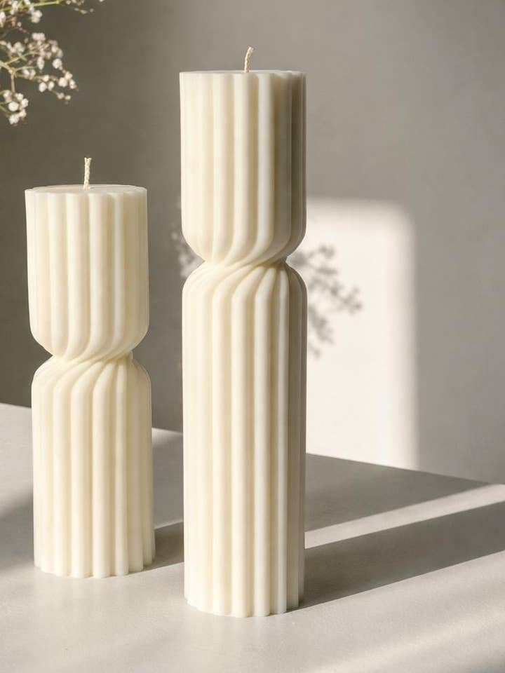 Twisted Hourglass Tall Ribbed Pillar Candle Set of 2 for wholesale by The lines studio