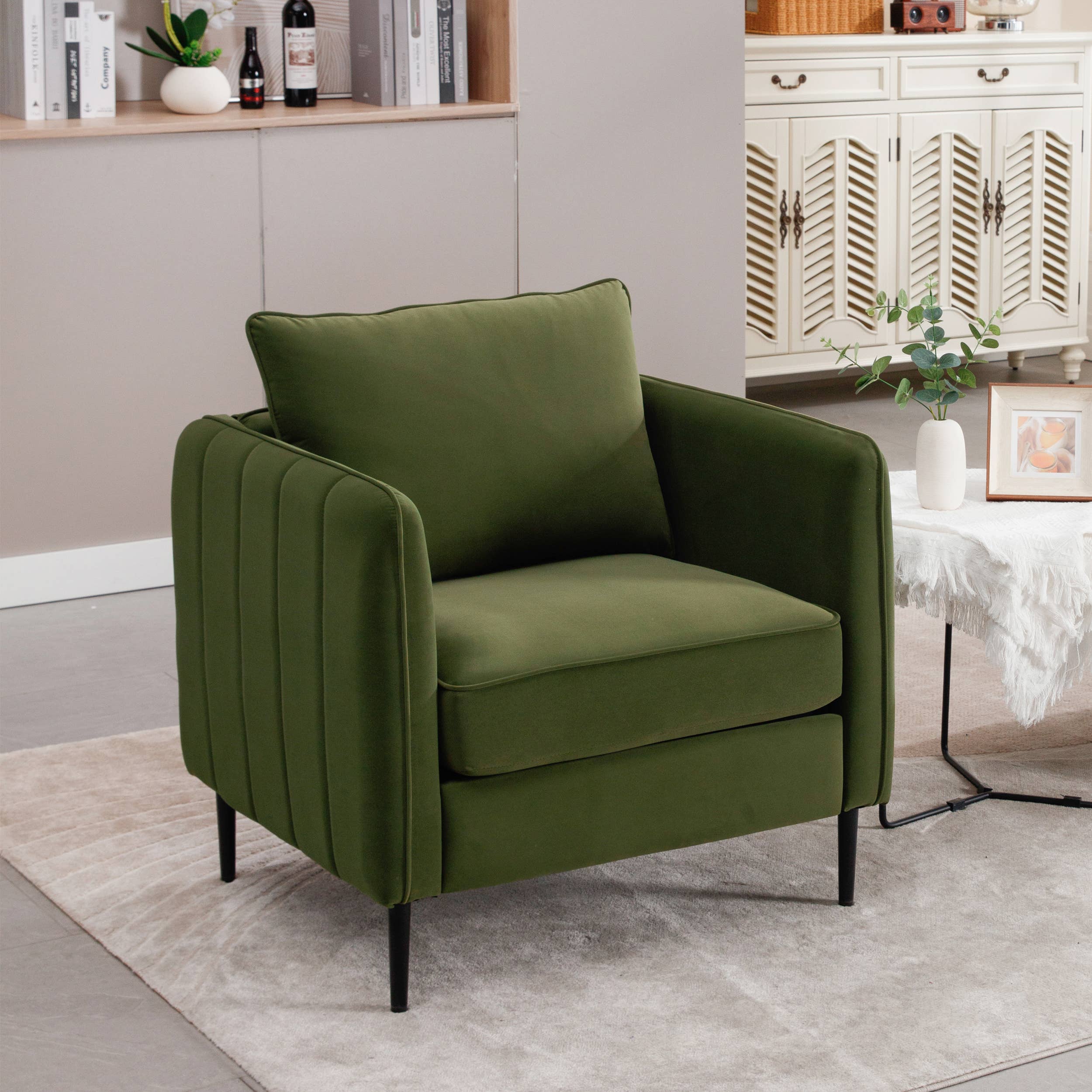39F Inc. - Vente Chaises - Fauteuil simple confortable en velours Chaise d'appoint Beige/Noir/Gris/Vert2