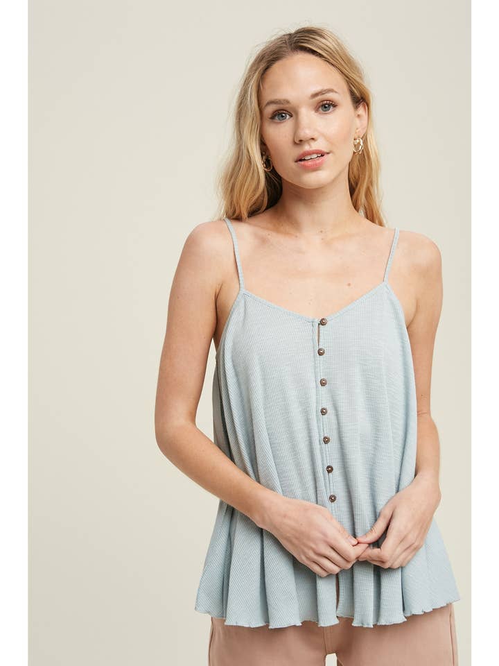 CAMI ACAMPANADO DE PUNTO ACANALADO CON BOTONES /WL21-6014 para venta al por mayor de Wishlist Apparel