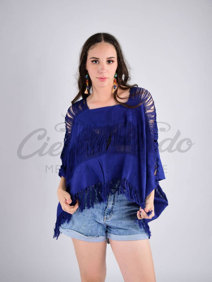 Cielito Lindo - Wholesale Poncho - Women's - Tulum Raw Frayed Poncho Indigo2