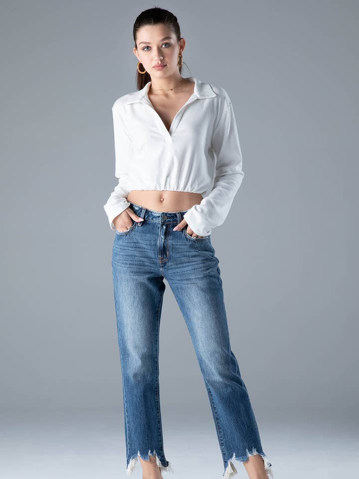 Jeans en jean droit taille moyenne haute Distress pour femmes pour la vente par Ceros Jeans
