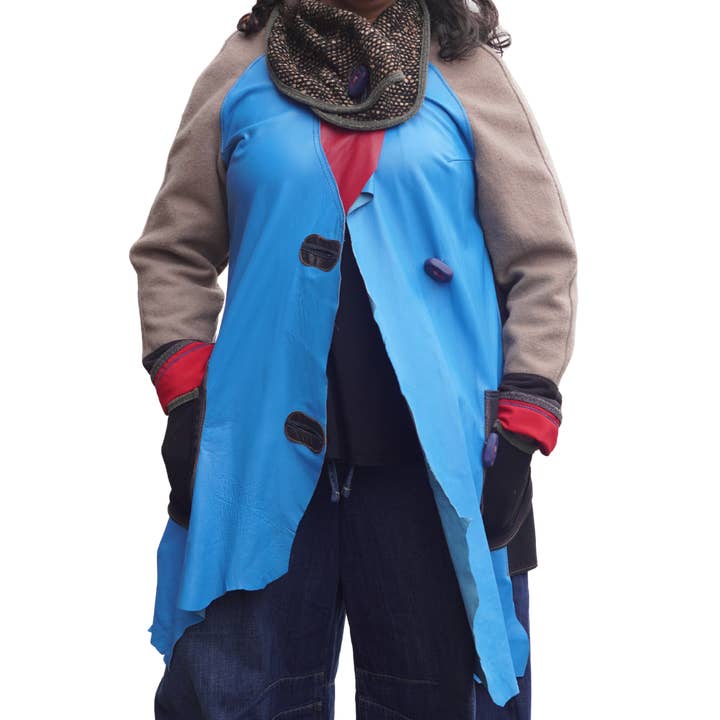 Soft Blue Leather 3/4 Lightweight Jacket with Wool and Performance Fabric by Pepin Designs for wholesale by sariKNOTsari