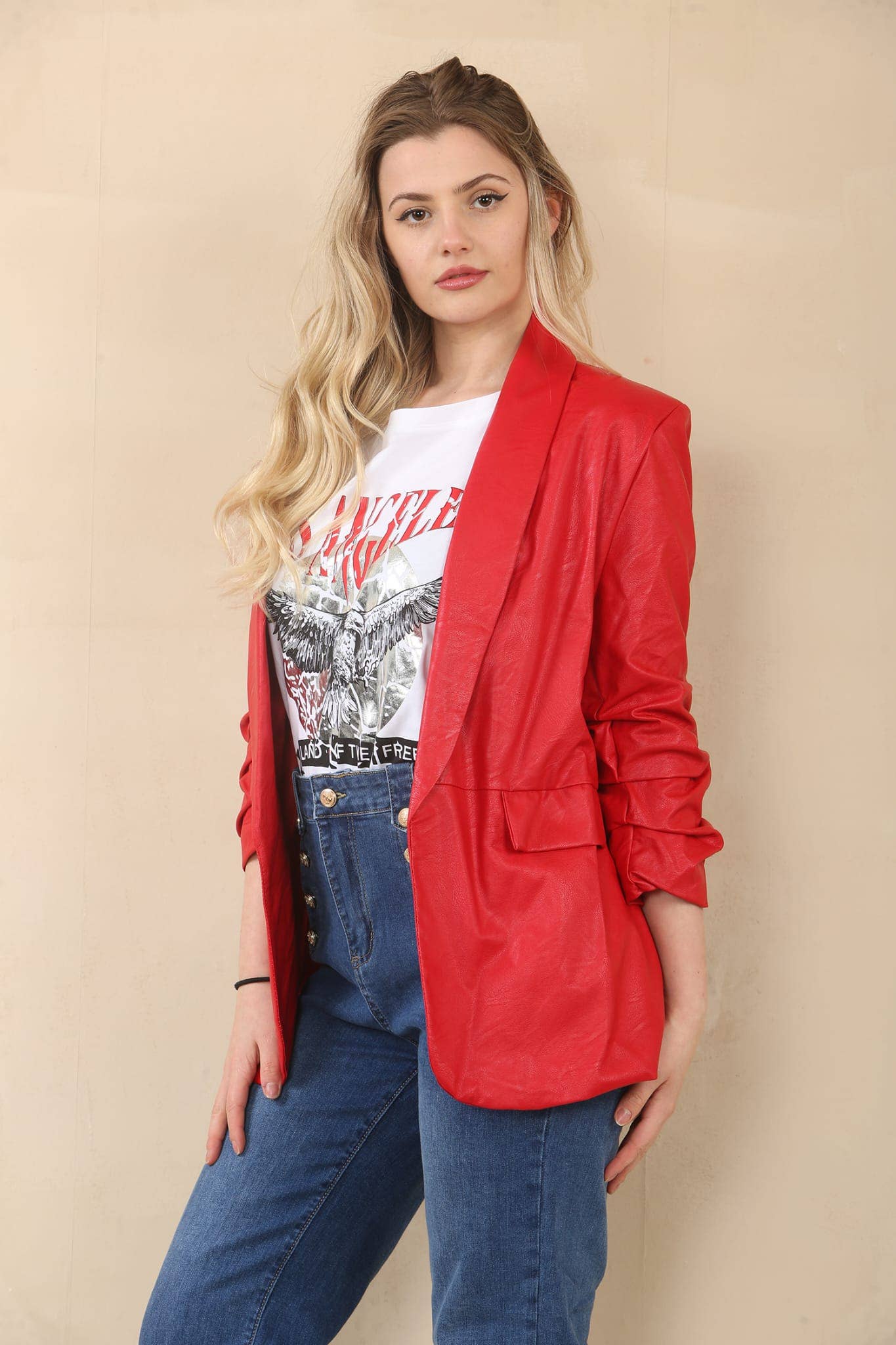 Kurt Muller – wholesale Blazer – Women's – Vegan Leather Look Matte Ruched Sleeve Blazer9