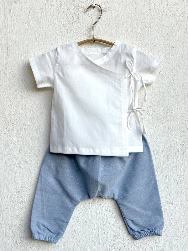 UNISEX ORGANIC ESSENTIAL WHITE ANGRAKHA TOP + BLUE CHAMBRAY for wholesale by House of Amaya
