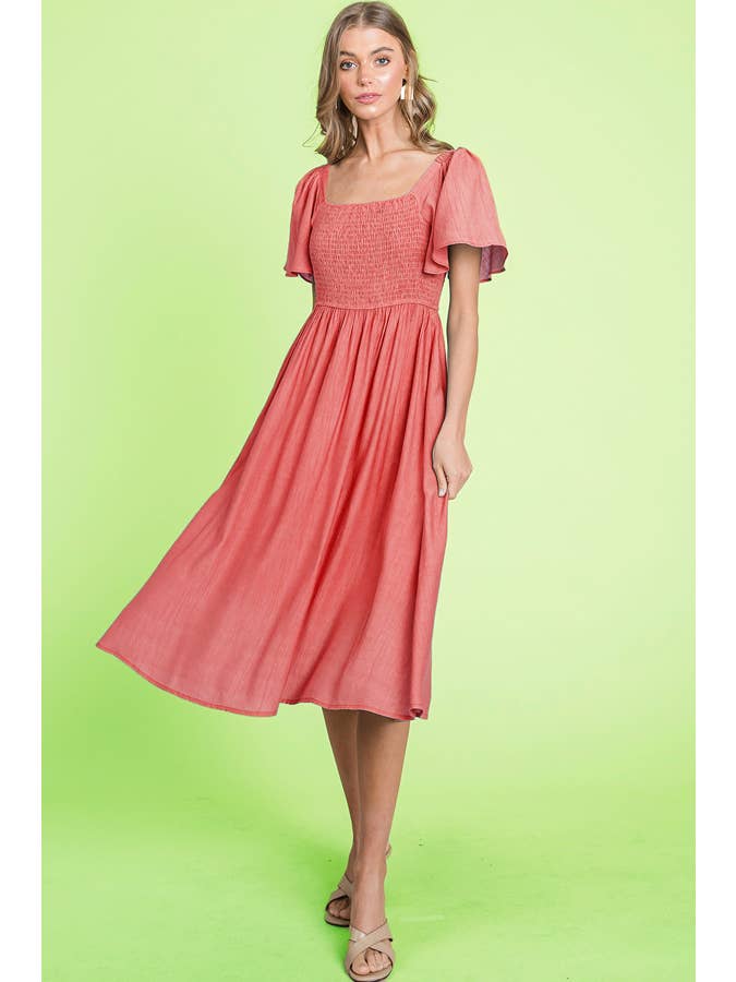 LIME N CHILI - Wholesale Dress - Women's - Smocked Square Neck Flutter Sleeve Midi Dress