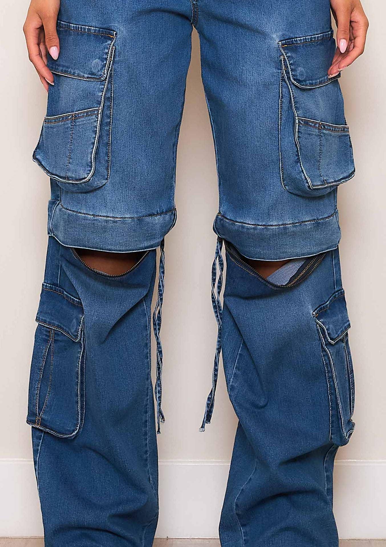 Medium Stone Convertible Baggycargojeans With Double Waist Band for wholesale on Faire6