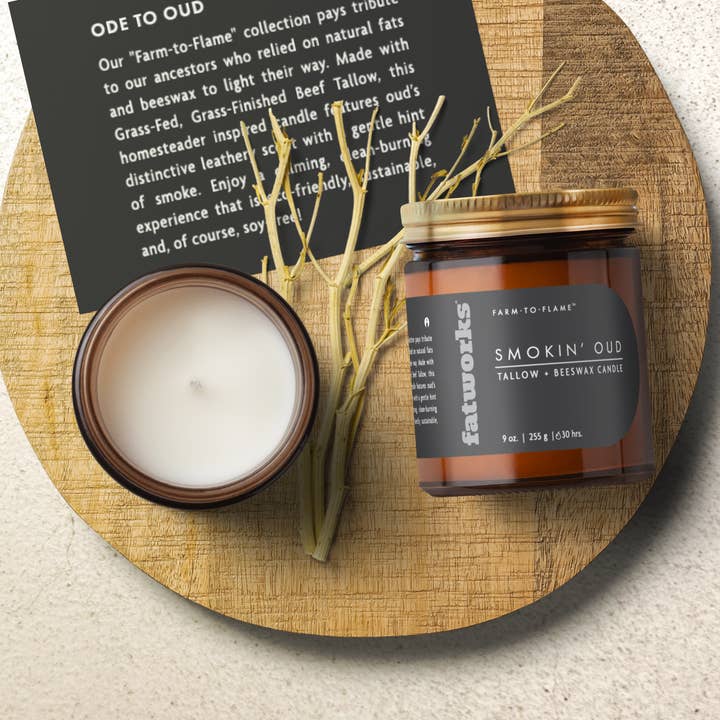 Grass-Fed Tallow Candle- Smokin' Oud for wholesale by Fatworks