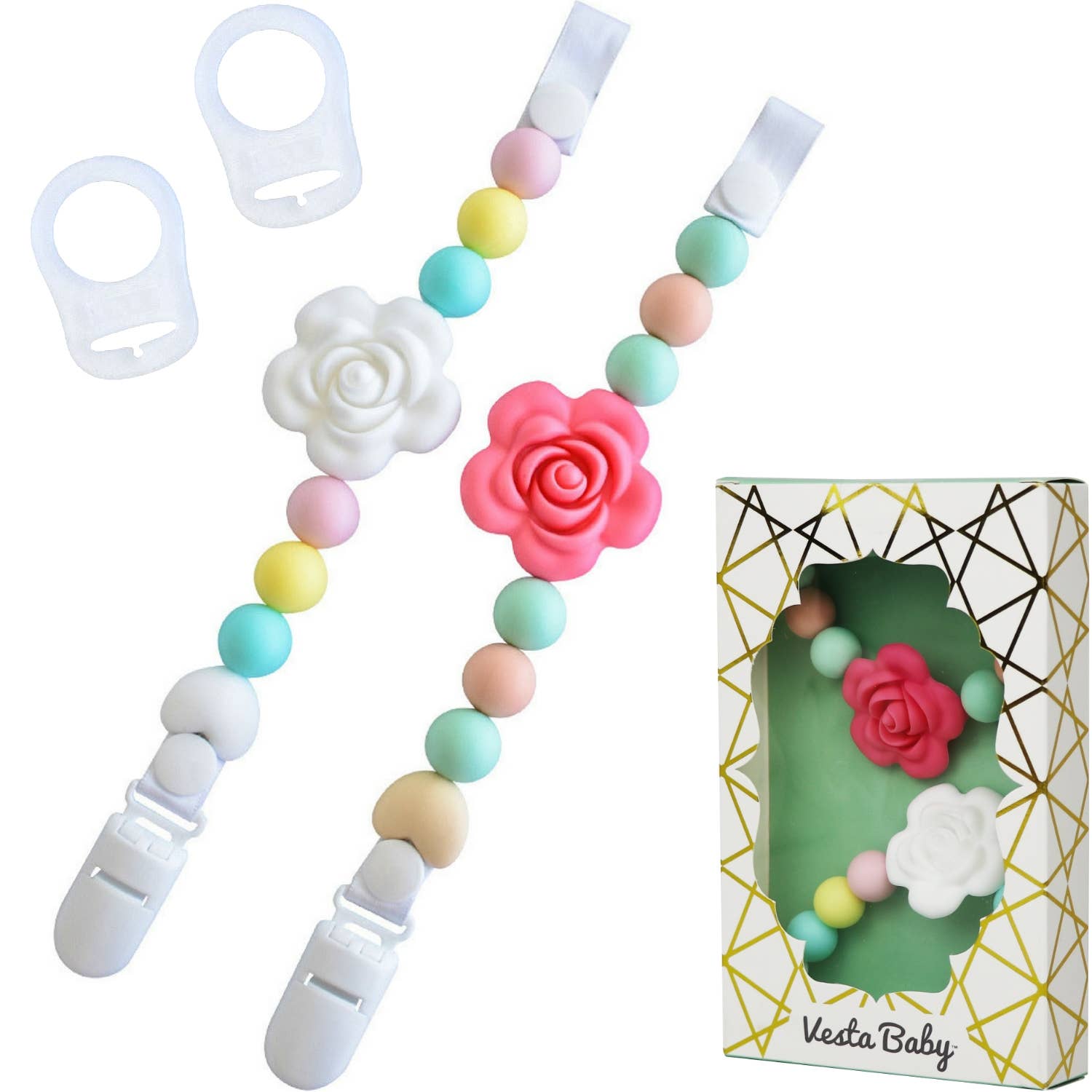 Vesta Baby - Wholesale Pacifier Clip - Baby - Silicone Pacifier Clip and Teether Holder Set Rose 2 Pack1