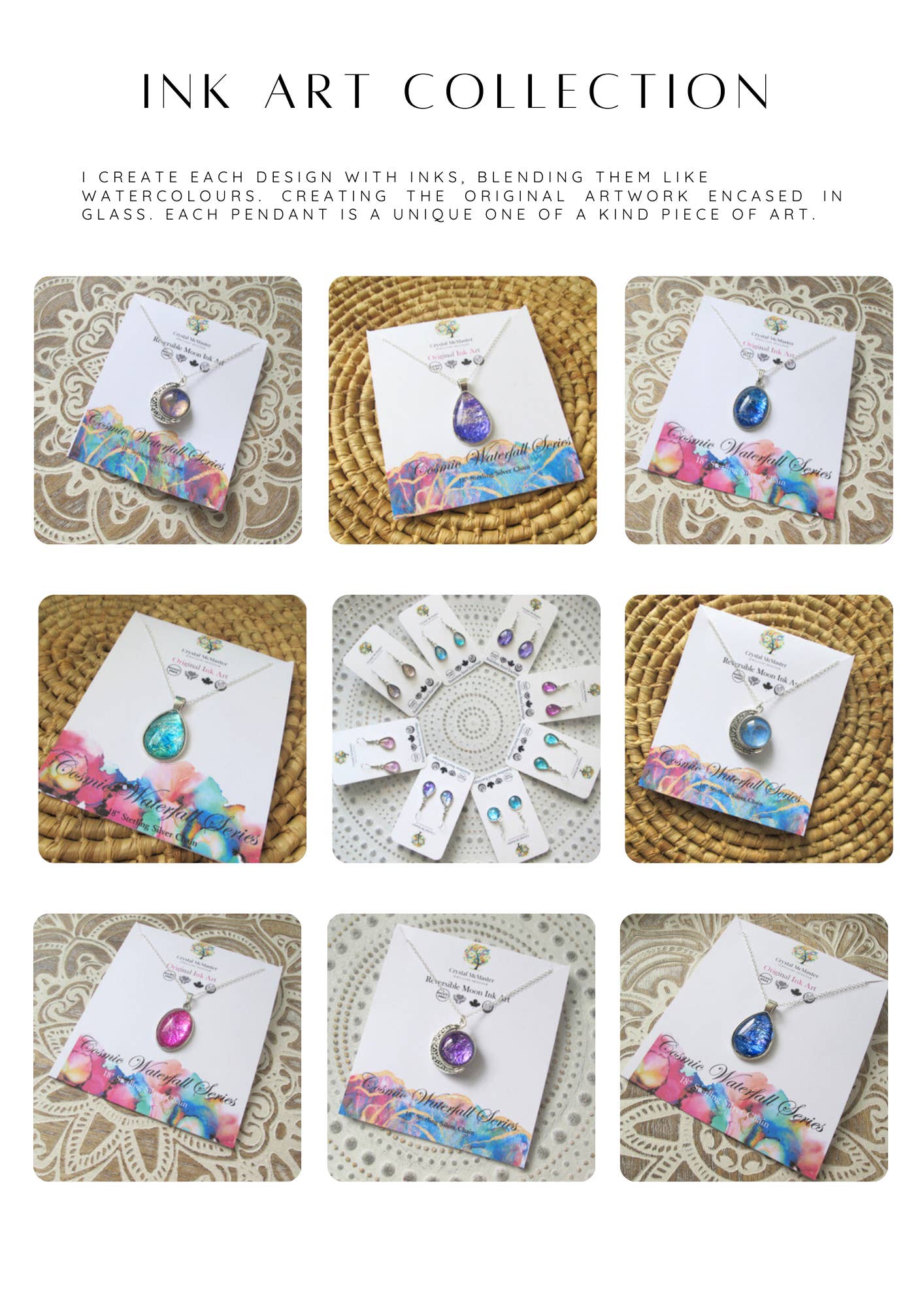 Crystal McMaster Jewellery Designer - Wholesale Pendant/Charm Necklace - High Sell Through Rate - 6x Ink Art Necklaces - Bestseller