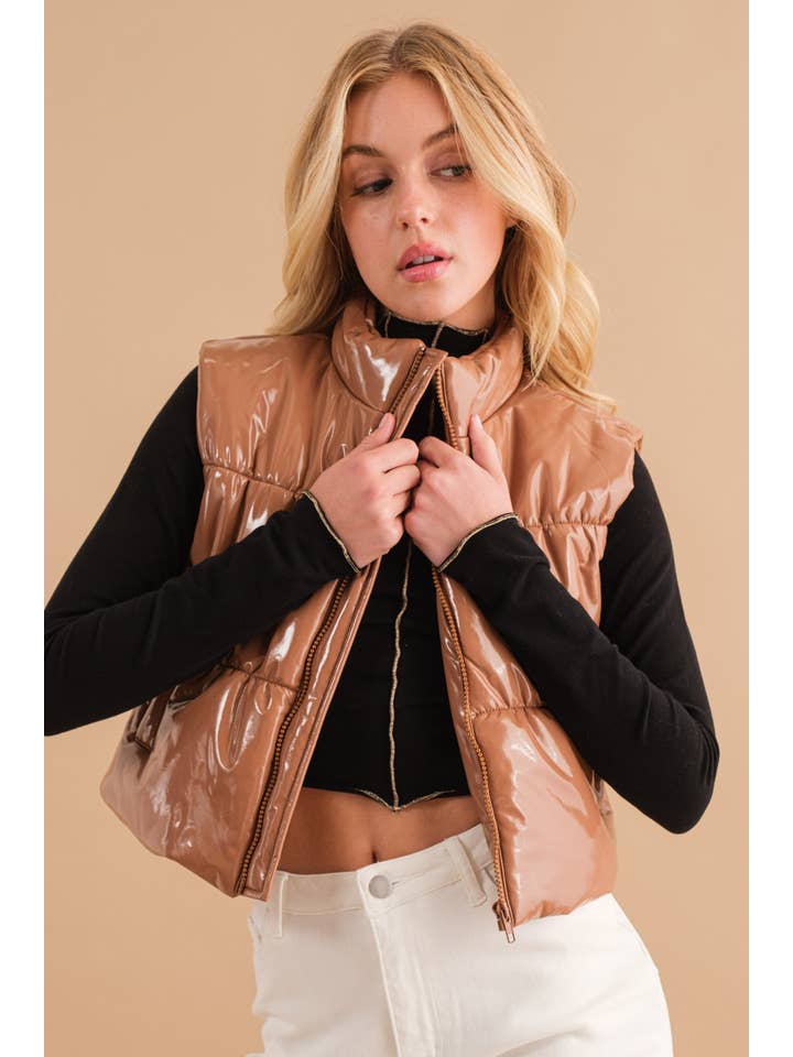 Blue B - Wholesale Outerwear Vest - Women's - 22656J - Gloss Shiny PU Quilted Puffer Zip Up Crop Vest31