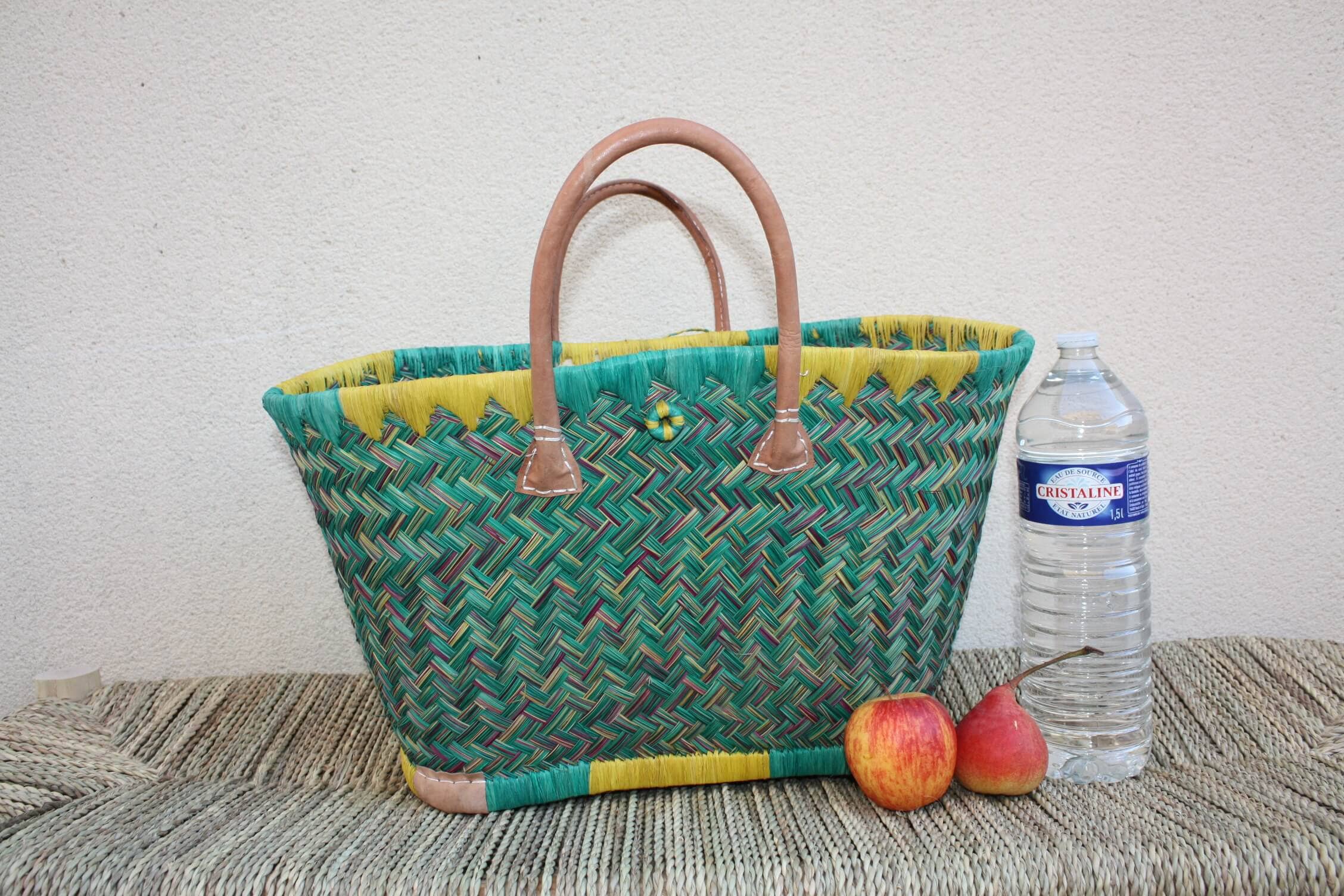 Boutique Huléti - Wholesale Grocery/Shopping Bag - Madagascar Shopping Basket - Turquoise & Yellow - Handwoven Tote Bag Wicker Rattan Straw - 3 sizes available -1