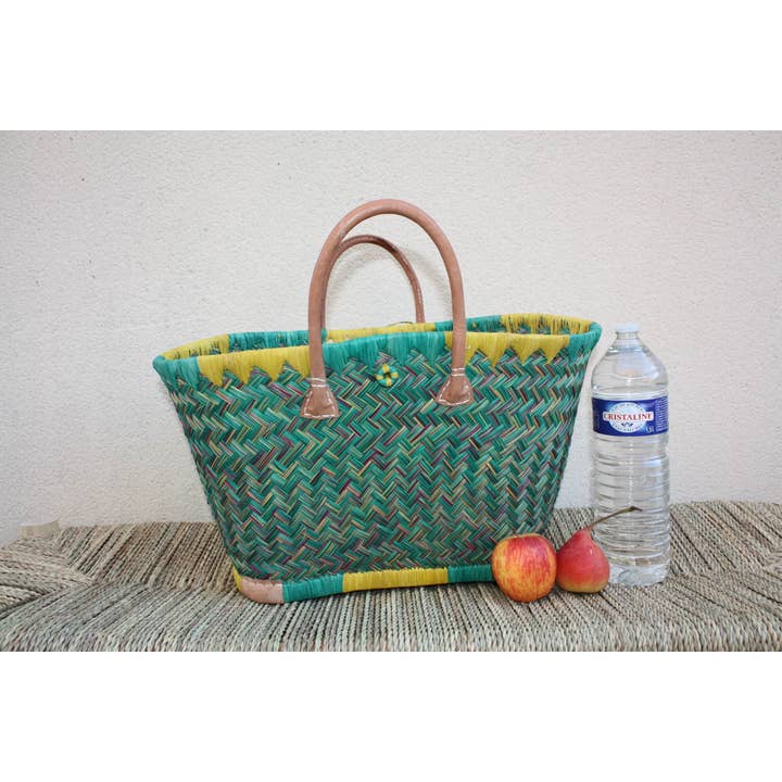 Boutique Huléti - Wholesale Grocery/Shopping Bag - Madagascar Shopping Basket - Turquoise & Yellow - Handwoven Tote Bag Wicker Rattan Straw - 3 sizes available -1
